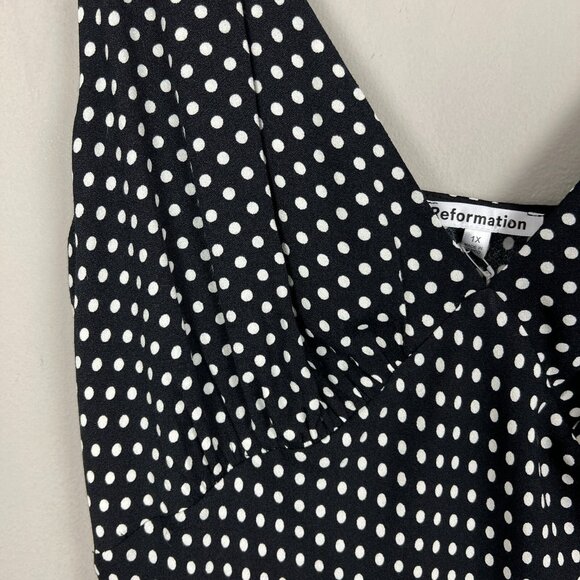 Reformation Beauden Midi Dress Womens 1X Black Polka Caviar Dot Ruched Crepe NEW - Picture 5 of 16
